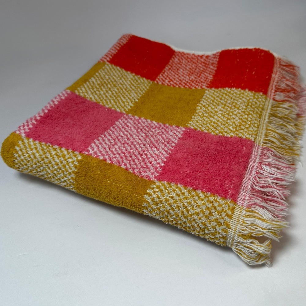 Vintage Sears 1970s Bath Towel Pink Red Mustard Checkered Fringe 22x36